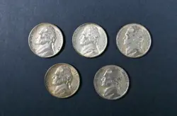5 WW2 NICKELS ALL AU USA COINS 1942S 1943S 1944P 1944D 1945P