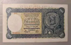 BANKNOTE SLOVAKIA 100 KORUN 1940 1. ISSUE WW2 PAPER MONEY SPECIMEN