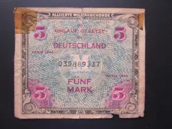 1944 GERMANY  5 MARK ALLIED MILITARY BANKNOTE SERIES 1944 WWII WW2