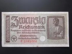 1940-45 NAZI GERMANY 20 REICHSMARK SWASTIKA BANKNOTE  20 MARK NOTE WWII WW2