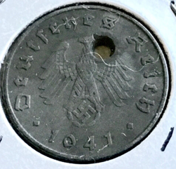 WW2, GERMANY 1941-F, 10 REICHSPFENNIG ZINC COIN, STUTTGART MINT, HOLED