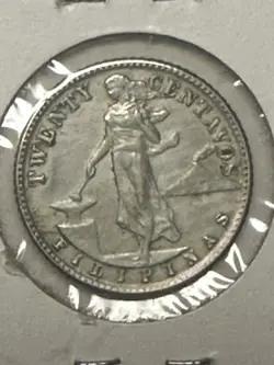 1944-D PHILIPPINES 20 CENTAVOS - SILVER WW2 ERA COIN