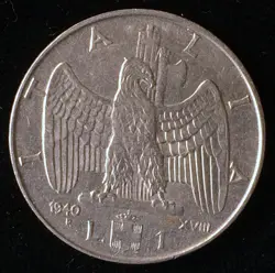 1940 ITALY 1 LIRA, WORLD WAR 2, KING VICTOR EMMANUELE III
