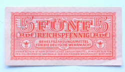 GERMAN BANKNOTE 5 REICHSPFENNIG 1944 SWASTIKA 3RD WW2 MONEY BILL MILITARY STAMP
