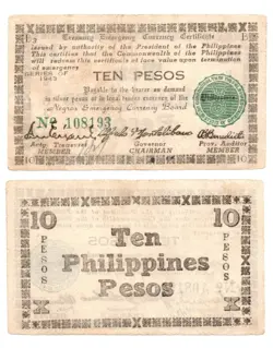 1943 PHILIPPINE WW2 NEGROS GUERRILLA EMERGENCY NOTE 10 PESOS S663 NORMAL 3 ERROR