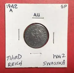 1942A GERMANY THIRD REICH SWASTIKA WORLD WAR 2! 5 PFENNIG! SWASTIKA! OLD COIN!