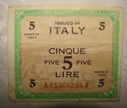 WW2 1943 ALLIED MILITARY CURRENCY ITALY 5 LIRE BILL BANKNOTE