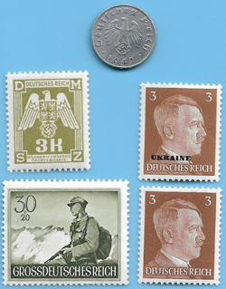 GERMANY WW2 1942 A 1 RPF SWASTIKA COIN & HITLER SWASTIKA STAMP LOT WW2 ERA #17