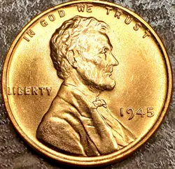 1945 LINCOLN WHEAT CENT -NO MINT MARK- RED GEM MS+ FROM OBW ROLL! CHOICE! WW2! 
