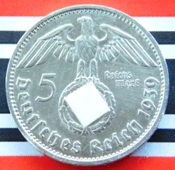 GERMAN 5 REICHSMARK 1939 G SWASTIKA HINDENBURG SILVER COIN 3RD REICH WW2 MARK