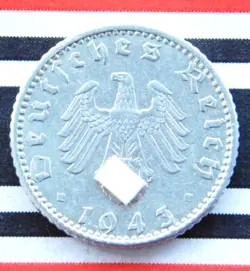 GERMAN COIN 50 REICHSPFENNIG 1943 A ALU SWASTIKA THIRD REICH WW2 + RARE+ PFENNIG