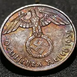 1939-E NAZI GERMANY *TONED* GENUINE WW2-ERA 2 REICHSPFENNIG COIN