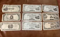 10 WW2 JAPANESE ISSUE NOTES PHILIPPINES OCCUPATION 1, 5, 10, & 100 PESOS JAPAN