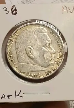 1936 GERMANY 5 REICHSMARK  WW2 THIRD REICH GERMAN 90% SILVER  5 MARK COIN AU