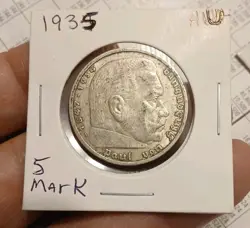 1935 GERMANY 5 REICHSMARK  WW2 THIRD REICH GERMAN 90% SILVER  5 MARK COIN AU