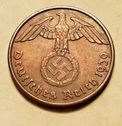 GERMAN 1939 J  2  REICHSPFENNIG   COIN 3RD REICH WW2 PFENNIG RP