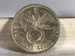 1938 D 5 MARK GERMAN WW2 SILVER COIN THIRD REICH HIGH GRADE W/LUSTER FREE SHIP Q