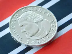 GERMAN 2 REICHSMARK 1933 A MARTIN LUTHER SILVER COIN 3RD REICH WW2 + RARE + MARK