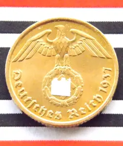 GERMAN COIN 1937 A 10 REICHSPFENNIG SWASTIKA BRASS 3RD REICH WW2 + UNC + PFENNIG