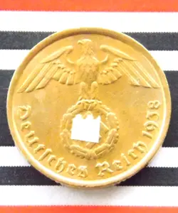 GERMAN COIN 1938 G 10 REICHSPFENNIG SWASTIKA BRASS 3RD REICH WW2 + UNC + PFENNIG