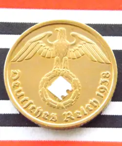 GERMAN COIN 1938 J 10 REICHSPFENNIG SWASTIKA BRASS 3RD REICH WW2 + UNC + PFENNIG