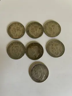 SEVEN CONSECUTIVE RUN DATES PRE1947 WW2 SILVER SHILLINGS 39.19 GRAMS 