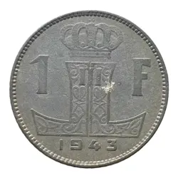 BELGIUM 1 FRANC 1943 COIN WW2 GERMAN OCCUPATION LéOPOLD III ZINC