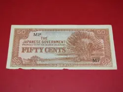 JAPANESE GOVERNMENT WW2 OCCUPATION FIFTY CENT BANKNOTE IN ABOUT FINE CONDITION