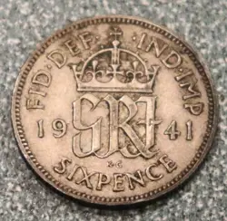 1941 GREAT BRITAIN SIX PENCE SILVER COIN WW2 YEAR