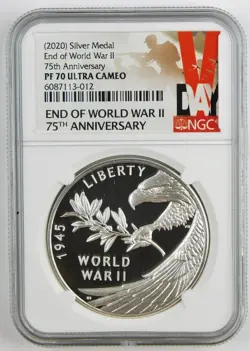 2020 P END OF WORLD WAR 2, II 75TH ANNIVERSARY 1OZ SILVER MEDAL EAGLE NGC PF70