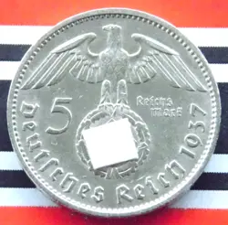 GERMAN 5 REICHSMARK 1937 E SWASTIKA HINDENBURG SILVER COIN 3RD WW2 MARK + UNC +