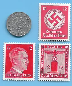 GERMANY WW2 1941 A 1 RPF SWASTIKA COIN & HITLER SWASTIKA STAMP LOT WW2 ERA #20