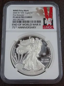 2020-W PROOF AMERICAN SILVER EAGLE V75 NGC PF 68 MILK SPOTS WW2