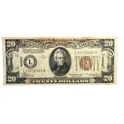 1934A $20 BROWN LABEL WW2 REPLACEMENT NOTE CRISP LOW AU- HIGH XF BLOCK LA