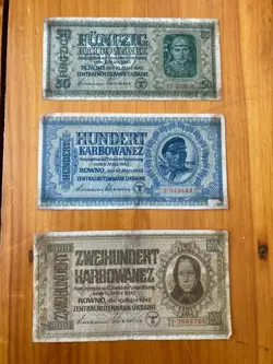 1942 WW2 GERMAN OCCUPIED UKRAINE KARBOWANEZ BANKNOTE 50, 100, 200