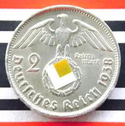 GERMAN 2 REICHSMARK 1938 B SWASTIKA HINDENBURG SILVER COIN 3RD WW2 + UNC + MARK