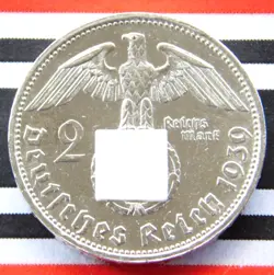 GERMAN 2 REICHSMARK 1939 G SWASTIKA HINDENBURG SILVER COIN 3RD REICH WW2 UNC MK