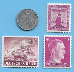 GERMANY 1942 A 5 RPF SWASTIKA COIN & HITLER SWASTIKA STAMP LOT MNH WW2 ERA #22