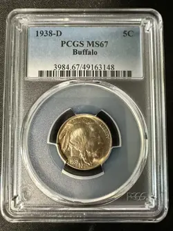 1938 D BUFFALO NICKEL PCGS MS67 TONED -BEAUTIFUL COIN - SEE STORE WW1-WW2 MEDALS