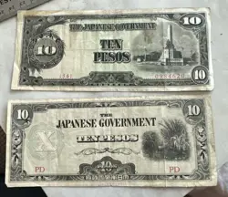 (2) TWO JAPANESE GOVERNMENT BANKNOTE TEN PESOS PHILIPPINES - WW2 MEMORABILIA