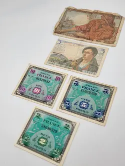 LOT OF 5 ORIGINAL WW2 1944 FRENCH PAPER CURRENCY, BANK NOTE, 2, 5, 10, 20 FRANCS