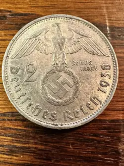 NAZI GERMANY *1938* GENUINE WW2 THIRD REICH 2 REICHSMARK 62.5% SILVER COIN