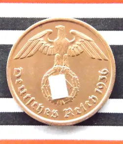 GERMAN 1936 A 2 REICHSPFENNIG SWASTIKA COPPER COIN WW2 + RARE + UNC RPF PFENNIG