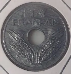 WORLD WAR 2 COIN VICHY FRANCE 1943 ZINC 20 CENTIMES AU+ KM#900.2 RARE HIGH GRADE