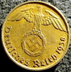 THIRD REICH GERMANY  WW2-ERA 5 REICHSPFENNIG (PFENNIG)BRASS COIN GENUINE!!