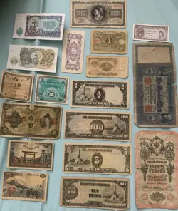 LOT OF 18 WW2 JAPANESE, GERMAN, FRANCE,ITALIAN & THE USSR CURRENCY