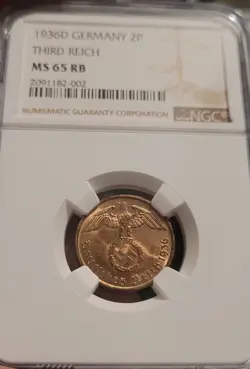 1936 D 2 REICHSPFENNIG WW2 NAZI GERMANY KEY DATE NGC GRADED MS  65 RB TOP POP...