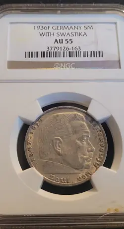 1936 F GERMANY WW2   5 REICHSMARK WITH SWASTIKA NGC AU55