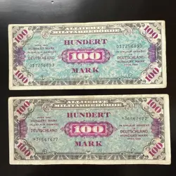 TWO 1944 ALLIED MILITARY CURRENCY GERMANY 100 MARK WW2 BANKNOTES