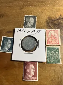 WW2 GERMAN NAZI 1942-A 10 PFENNIG NAZI COIN AND STAMPS SWASTIKA  M